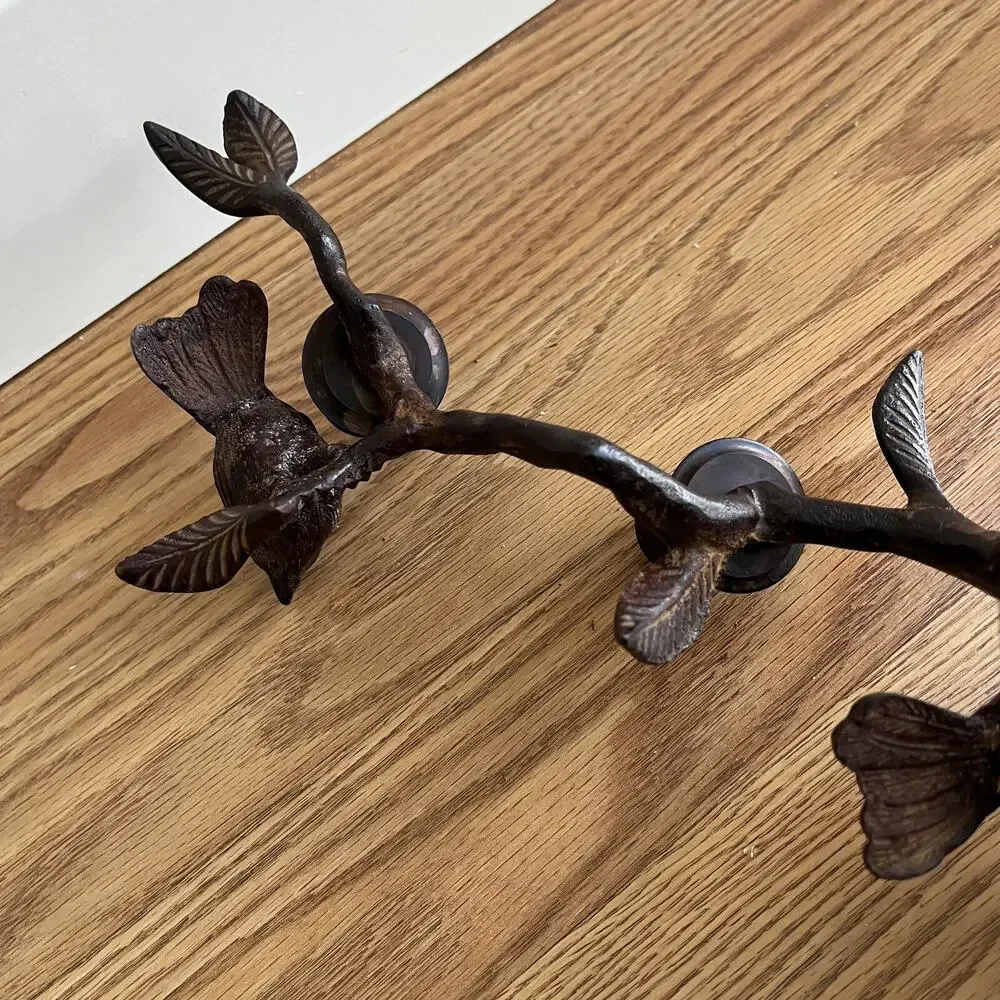 Vintage patinated brutalist abstract birds on branch candelabra metal 3 candles